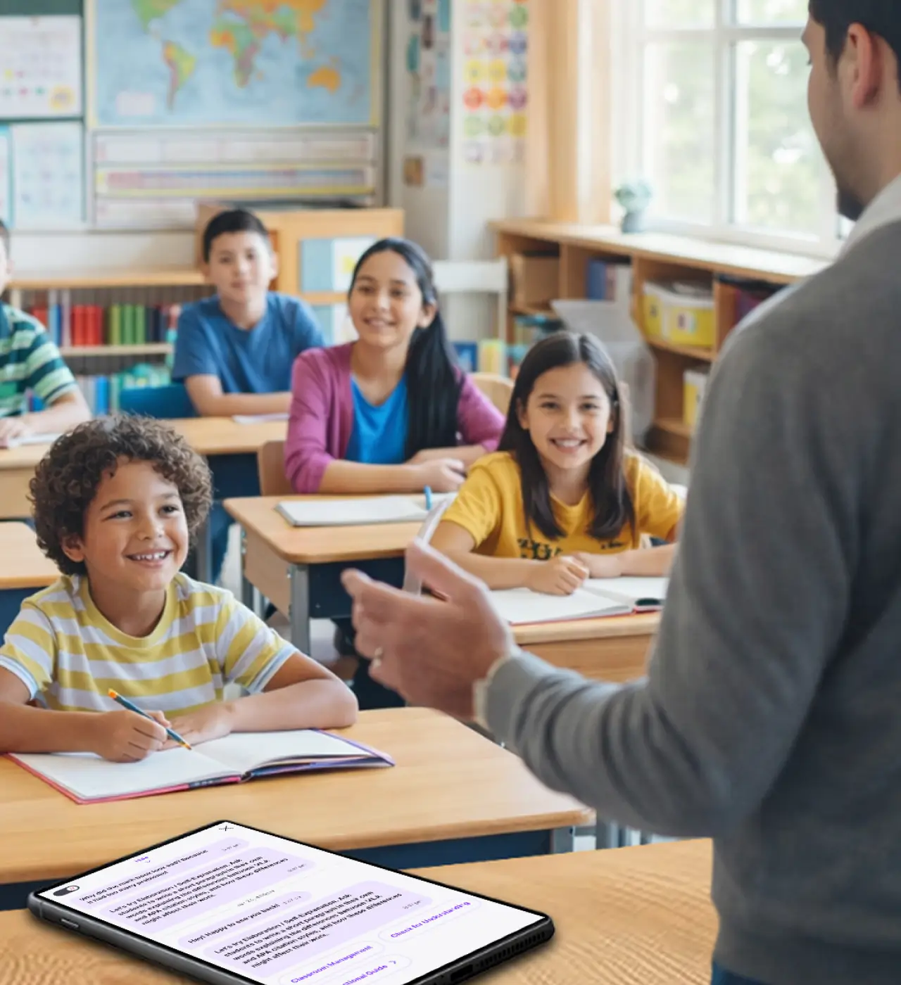 teacher with children in classroom with M2 on tablet