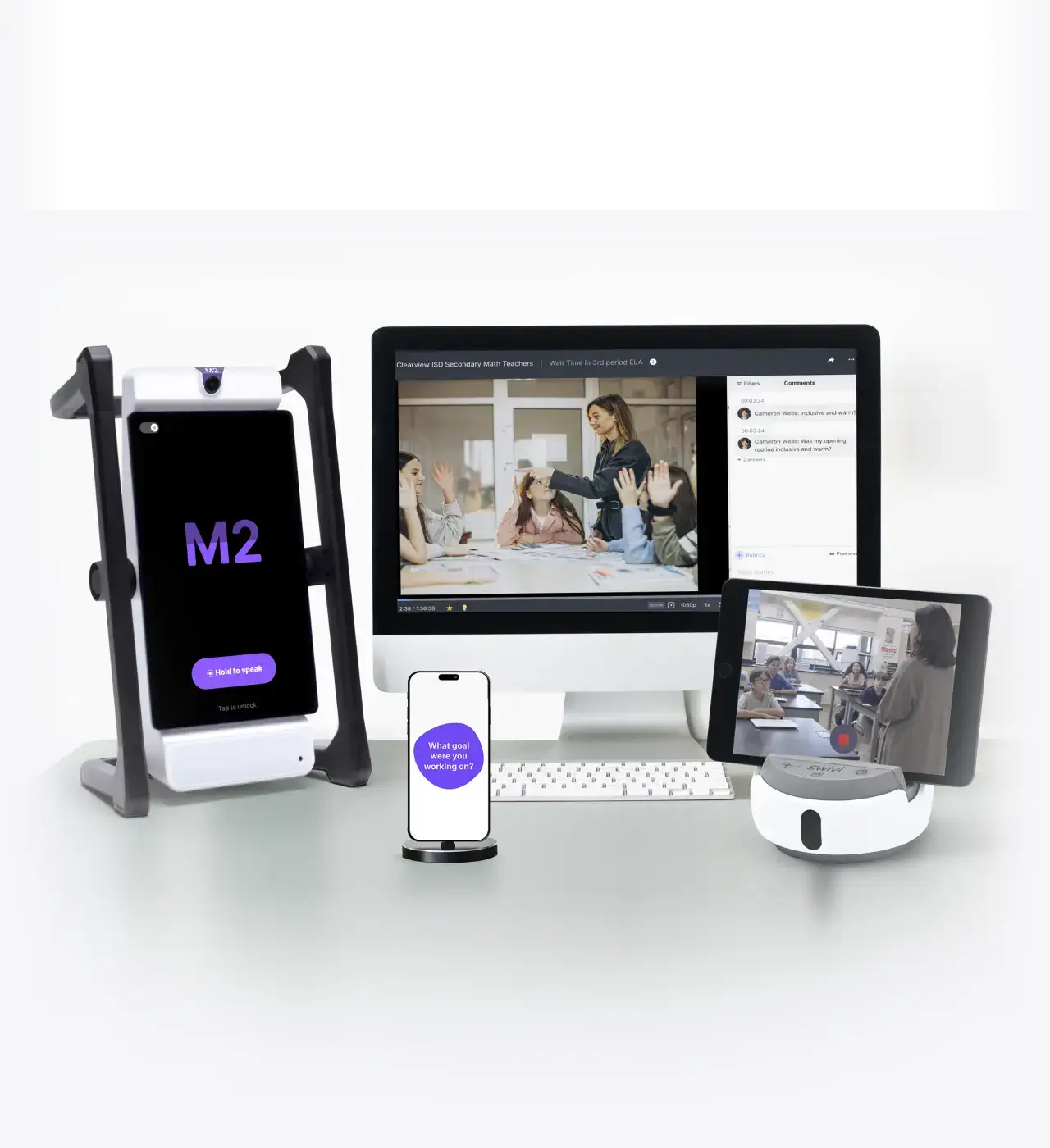 Swivl technology products displayed together, including M2, Swivl Robot, MirrorTalk mobile app, Reflectivity desktop interface.