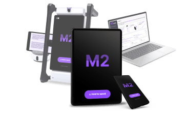 m2,robot, laptop, mobile and tablet with MirrorTalk UI on it