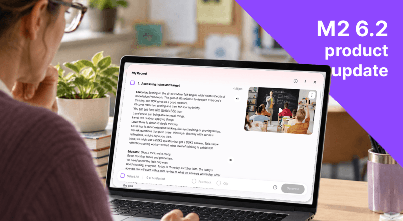 Teacher reviewing lesson transcript and selecting sections for focused feedback or clips in the M2 My Record interface on a laptop