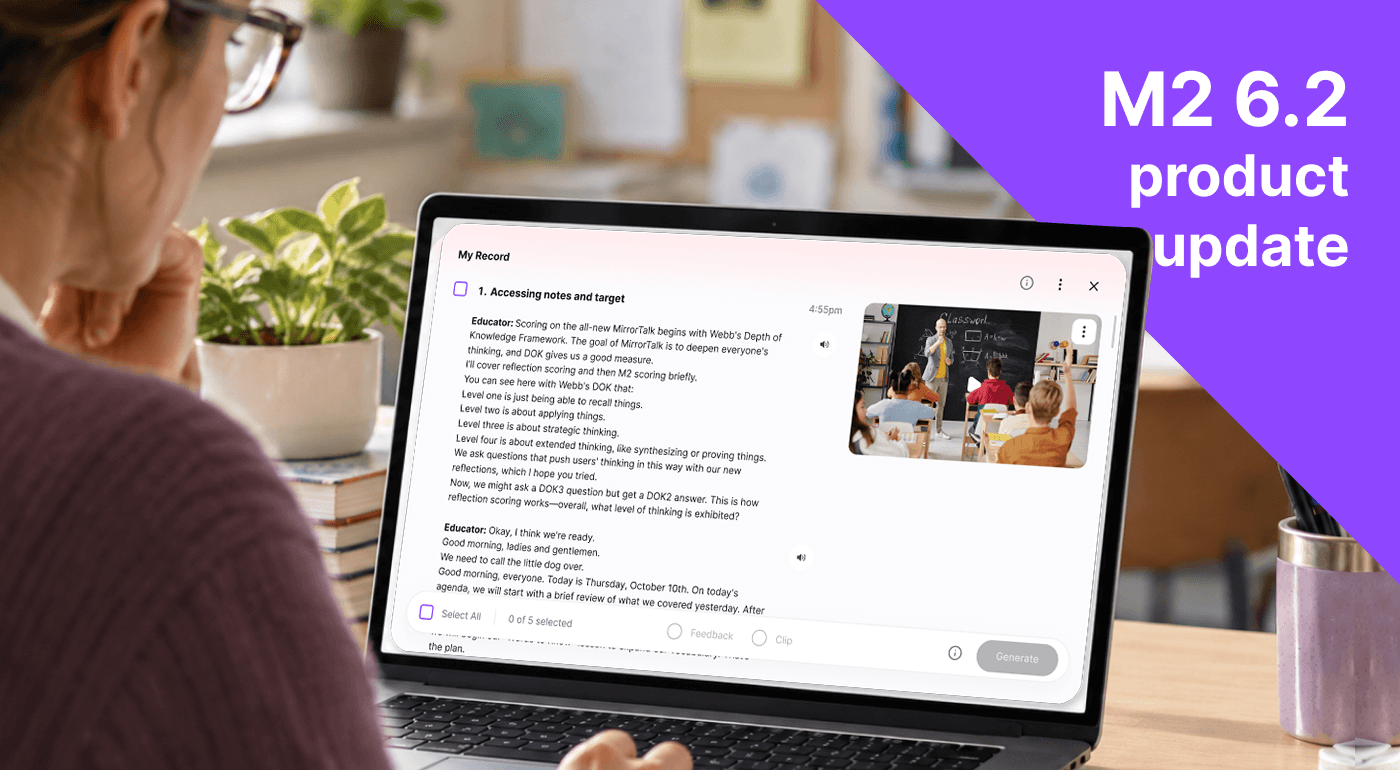 Teacher reviewing lesson transcript and selecting sections for focused feedback or clips in the M2 My Record interface on a laptop