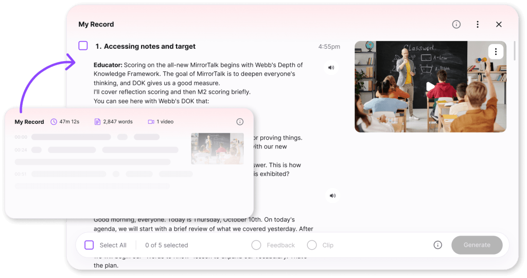 M2 My Record interface showing a lesson transcript organized into sections, with video and options to select content for feedback or clips